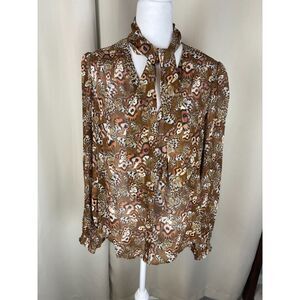 Paige Silk Animal Print Tie Neck Blouse Brown Multi Size M